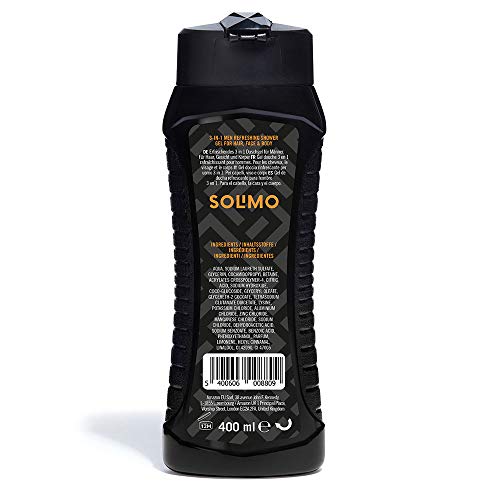 Marca Amazon - Solimo Gel de ducha refrescante para hombre 3 en 1 (Cuerpo, cara y cabello)- Paquete de 1 (1 Botella x 400 ml)