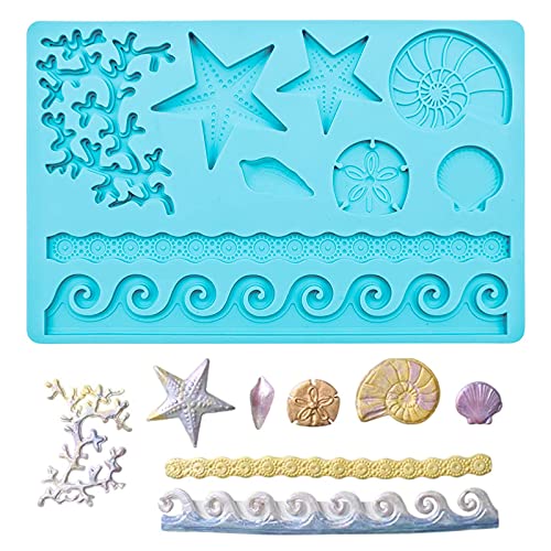 Marina Animales Moldes Silicona Molde Conchas del Mar Molde Decoración de Pastel de Estrella de Mar Molde Silicona de Mar en Forma 3D para Decorar Tartas Cumpleaños Chocolate Caramelos Bizcochos—Azul