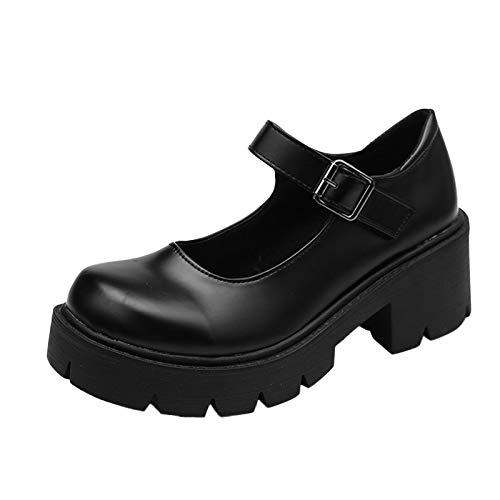 Mary Jane Zapatos de mujer con correa de hebilla, dedos redondos, plataforma gruesa de charol, tacón de cuña, plataforma Lolita Princesa, negro brillante, 36 EU