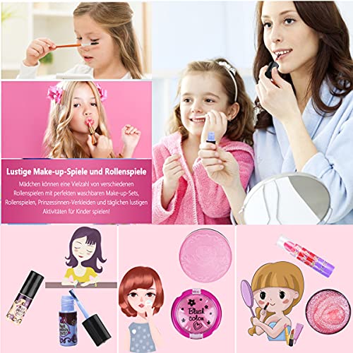 Mathea Cosmética Infantil de Maquillaje para Niñas, 30pcs de Juguete de Kit Maquillaje Lavable para niños de 3/4/5/6/7 años con de patrón de Diamantes de maletin Maquillaje, Set pintauñas niñas Set