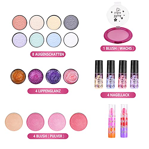 Mathea Cosmética Infantil de Maquillaje para Niñas, 30pcs de Juguete de Kit Maquillaje Lavable para niños de 3/4/5/6/7 años con de patrón de Diamantes de maletin Maquillaje, Set pintauñas niñas Set