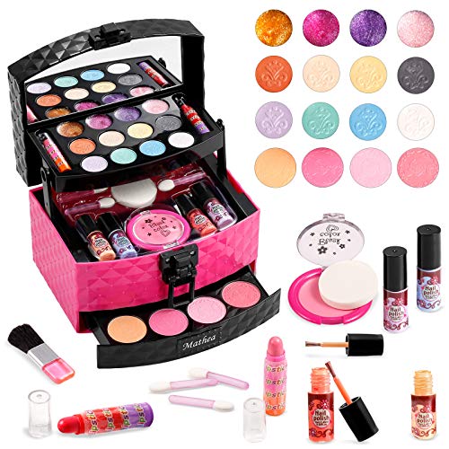 Mathea Cosmética Infantil de Maquillaje para Niñas, 30pcs de Juguete de Kit Maquillaje Lavable para niños de 3/4/5/6/7 años con de patrón de Diamantes de maletin Maquillaje, Set pintauñas niñas Set