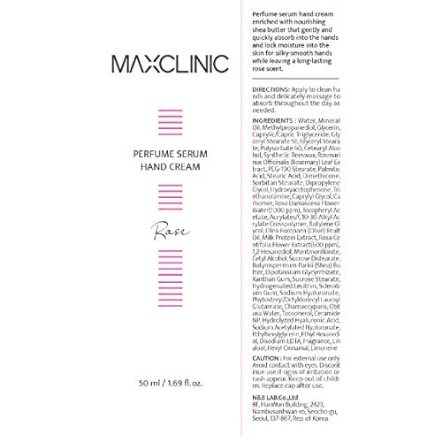 MAXCLINIC Perfume Serum Handcream Rose Rosa Crema de manos perfumada, hidratante, suavizante para manos secas y agrietadas 50ml / 1,69 oz