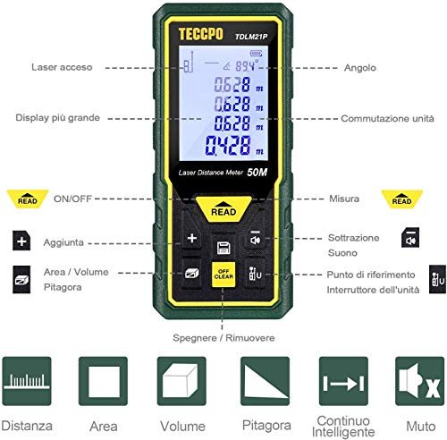 Medidor Láser, 50m, TECCPO Telémetro Láser de Distancia con Precisión ± 2mm, Niveles de Burbuja con Función de Silencio, Sensor de Ángulo Electrónico, IP54, TDLM21P