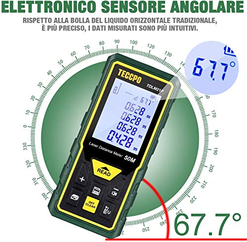 Medidor Láser, 50m, TECCPO Telémetro Láser de Distancia con Precisión ± 2mm, Niveles de Burbuja con Función de Silencio, Sensor de Ángulo Electrónico, IP54, TDLM21P