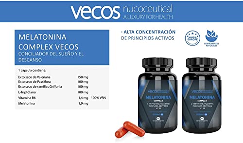 Melatonina 1,9 mg Vecos para ayudar a conciliar el sueño – Suplemento con L-Triptófano, valeriana, pasiflora, griffonia y vitamina B6 – 90 cápsulas vegetales – 100% Apto veganos