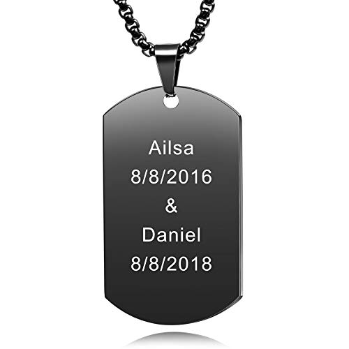 MeMeDIY Nombre De Grabado Personalizado con Etiqueta De Perro Collar Cadena Colgante para Hombre Mujere Acero Inoxidable, con 4 Regalos: 2 Cadenas, Llavero, Silenciador (5 Colores) (Negro)