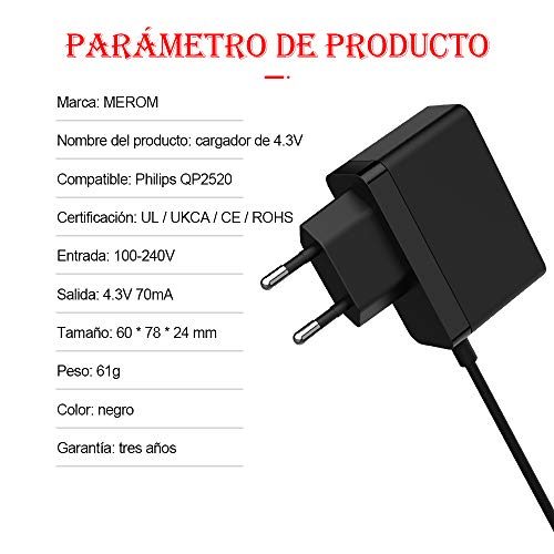 MEROM Cargador per Afeitadora Fuente de Alimentación Ricambio A00390 4.3V 70MA para Philips One Blade QP2520 QG3340 RQ320 RQ328 RQ330 RQ350 S510 OneBlade Adaptador para Recortar Barba