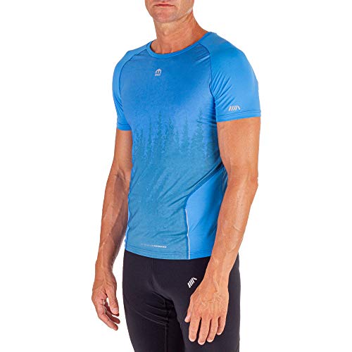 MICO Camiseta TÉCNICA de Cuello Redondo y Manga Corta, Tejido Italiano 360° Glow Ritmo by Brugnoli®, Fresca y Suave, Tecnologia Sin Costura para Hombres (S, Azul Santorini)