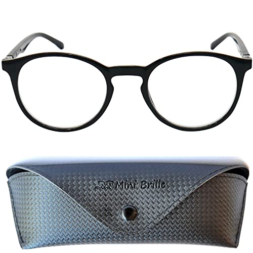 Mini Brille Gafas de Lectura Clásicas para Nerd con Grandes Lentes Redondas - Funda de Gafas Incluida GRATIS, Montura de plástico (Negra), Gafas Para Leer Para Hombre y Mujer +1.5 dioptrías