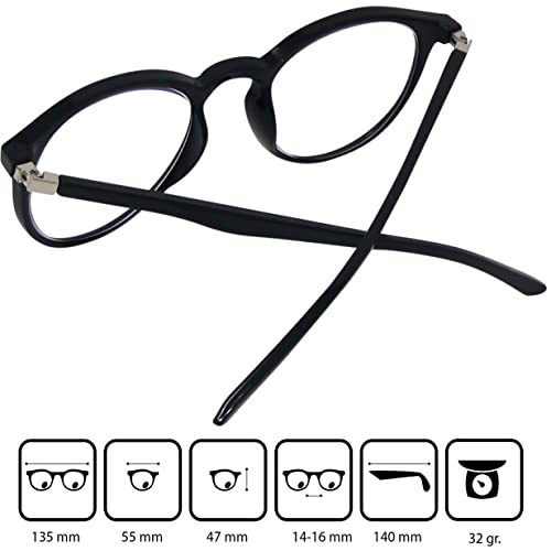 Mini Brille Gafas de Lectura Clásicas para Nerd con Grandes Lentes Redondas - Funda de Gafas Incluida GRATIS, Montura de plástico (Negra), Gafas Para Leer Para Hombre y Mujer +1.5 dioptrías