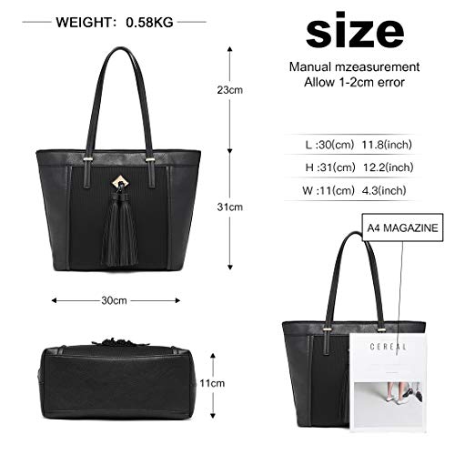 Miss Lulu Mujer Bolsos totes Bolso de Mano Moda Grande Bolsa de Hombro con Asas Cuero Sintético Borla (Negro)