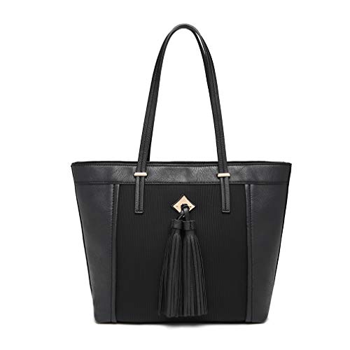 Miss Lulu Mujer Bolsos totes Bolso de Mano Moda Grande Bolsa de Hombro con Asas Cuero Sintético Borla (Negro)