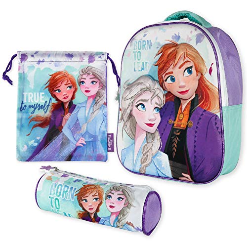 Mochila Infantil 3D, Estuche Escolar y Bolsa Merienda de Cuerdas Frozen 2 Diseño Exclusivo – Frozen | Mochilas Escolares para Niñas y Niños de 3 Años | Material Escolar Vuelta al Cole de Frozen