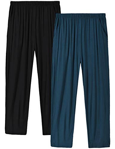 MoFiz Hombre Pijama Pantalones Largos de Dormir Suave Modal con Bolsillos Azul/Negro M