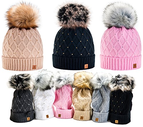 Morefaz - Gorro de invierno para mujer, decorado con cristales brillantes, con pompón, de lana, de estilo esquí y snowboard, moderno, negro