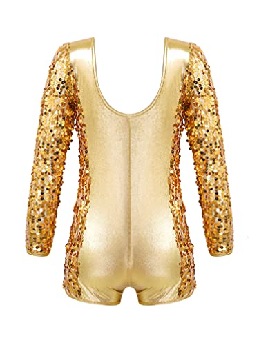 MSemis Maillot Lentejuelas de Patinaje Artistico Mono Niña Mono Ajustado de Gimnasia Ritmica Maillot Manga Larga de Baile Latino Body Elástico de Gimnasia Dorado 3-4 años