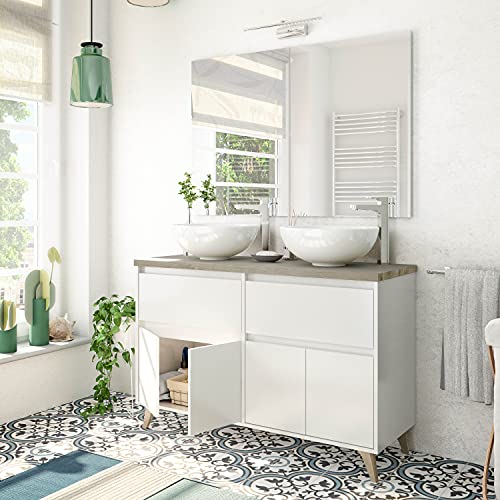 Mueble de Baño con 4 Puertas y 2 Cajones, Modulo Lavabo, Modelo ONA, Acabado en Blanco Brillo y Roble Alaska, Medidas: 120 cm (Ancho) x 80 cm (Alto) x 46 cm (Fondo)