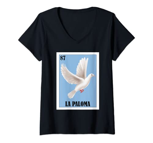 Mujer Diseño de Paloma Blanca Española - Lotería Mexicana La Paloma Camiseta Cuello V