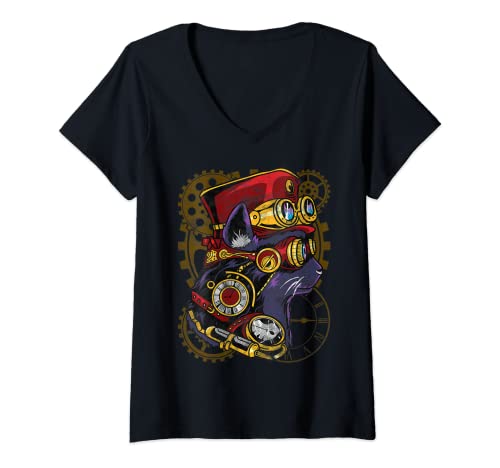 Mujer Gato Steampunk camisa retro reloj engranajes gafas sombrero regalo Camiseta Cuello V