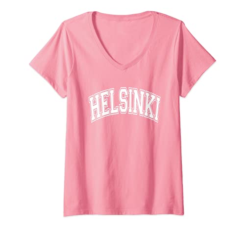 Mujer Helsinki Finland Varsity Style Pink with White Text Camiseta Cuello V