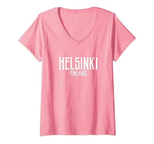 Mujer Helsinki Finland Vintage Text Pink with White Print Camiseta Cuello V