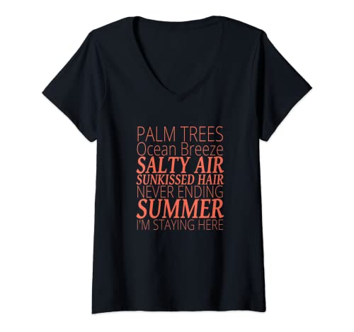 Mujer Palmeras Cabello Sunkissed Salty Air Ocean Breeze Palmeras Camiseta Cuello V