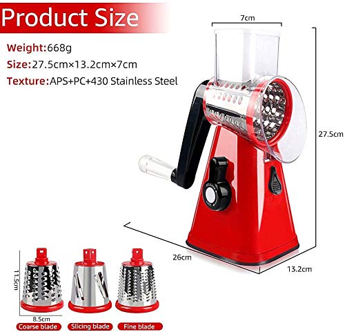 Multifunctional Vegetable and Fruit Cutting Machine, Rotating Drum Cheese Grater with 3 Stainless Steel Revolving Blades, Manual and Safe Milling, Slicer (RED)