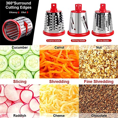 Multifunctional Vegetable and Fruit Cutting Machine, Rotating Drum Cheese Grater with 3 Stainless Steel Revolving Blades, Manual and Safe Milling, Slicer (RED)