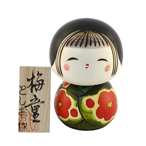 Muñeca Kokeshi japonesa auténtica y tradicional – Diseño Umewarabe – Hecho a mano y fabricado en Japón