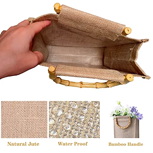 N / 0 Bolsa de yute con asas de bambú, bolsa de yute natural con bufanda de seda, bolsa de yute, bolsa de playa para mujer para compras portátiles, bolsa de playa para el mar