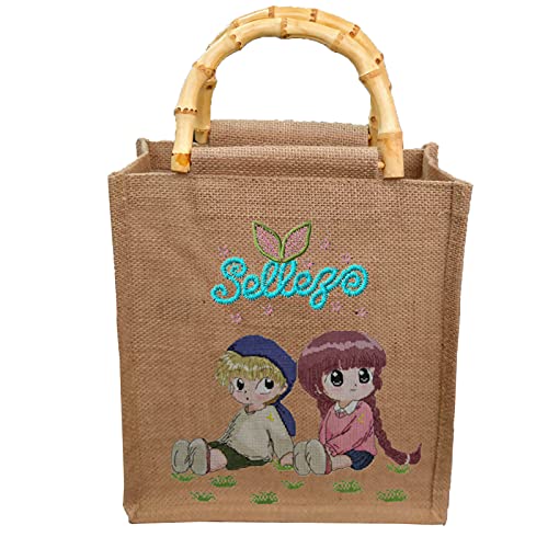 N / 0 Bolsa de yute con asas de bambú, bolsa de yute natural con bufanda de seda, bolsa de yute, bolsa de playa para mujer para compras portátiles, bolsa de playa para el mar