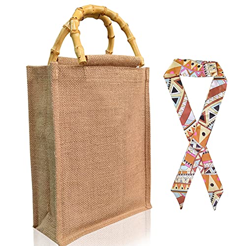 N / 0 Bolsa de yute con asas de bambú, bolsa de yute natural con bufanda de seda, bolsa de yute, bolsa de playa para mujer para compras portátiles, bolsa de playa para el mar