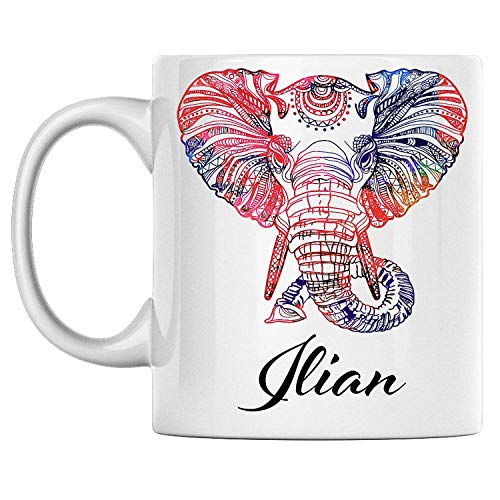 N\A Taza de Elefante Personal con Nombre Ilian, Taza de café de cerámica Blanca Impresa en Ambos Lados, cumpleaños para él, Ella, niño, niña, Esposo, Esposa, Hombres y Mujeres