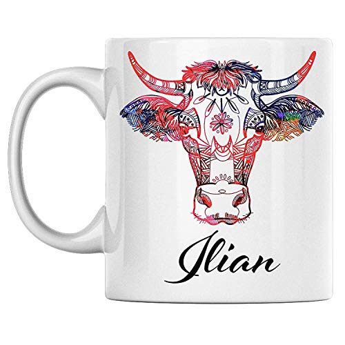 N\A Taza de Vaca Personal Nombre Ilian Taza de café de cerámica Blanca Impresa en Ambos Lados, cumpleaños para él, Ella, niño, niña, Esposo, Esposa, Hombres y Mujeres