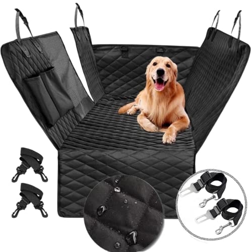 NATHUMAN Funda Perros Coche, Gama Alta, Convertible, Cubierta Asiento Universal, Tipo Hamaca, Impermeable, 2 Bolsillos, Ventana de Malla con Cremallera, Antideslizante, Regalo 2 Cinturones Seguridad