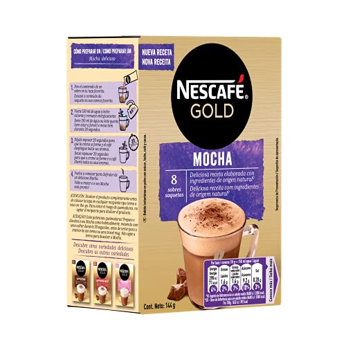 NESCAFÉ GOLD MOCHA, cremoso café soluble con leche desnatada, Cappuccino SABOR CHOCOLATE, Pack de 6 estuches con 8 sobres, TOTAL 48 sobres