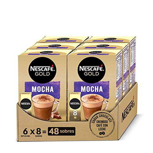 NESCAFÉ GOLD MOCHA, cremoso café soluble con leche desnatada, Cappuccino SABOR CHOCOLATE, Pack de 6 estuches con 8 sobres, TOTAL 48 sobres