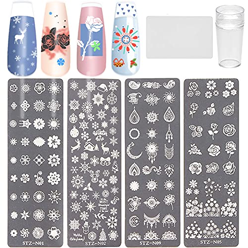 NICENEEDED Kit de Estampado de Uñas Navideñas NICENEEDED, 4 Uds Plantillas de Sellos de Uñas Y 1 estampadores de Uñas Y 1 placas de Uñas Raspador de Uñas Herramienta de Manicura Placas