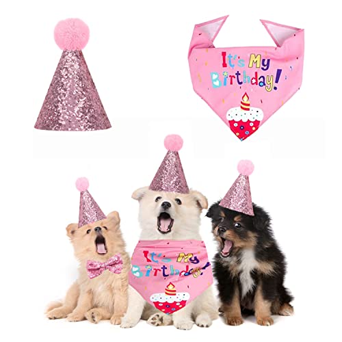 NITAIUN 4 Piezas Perro Cumpleaños Bandana Pajarita Sombrero de Cumpleaños para Mascotas, Regalo Set de Cumpleaños para Mascotas Disfraz de Fiesta para Cachorros Decoración de Cumpleaños (Rosado)