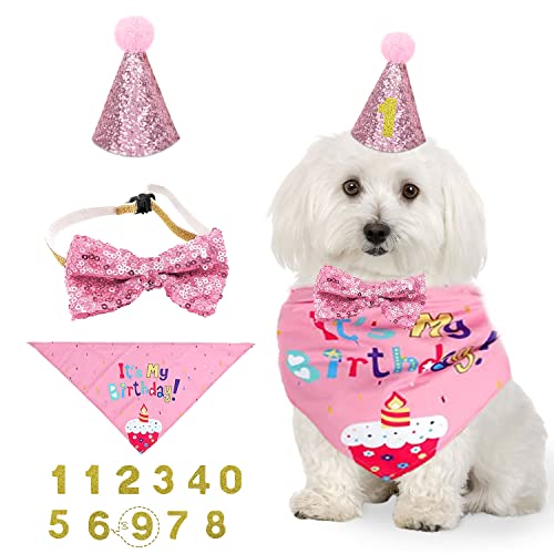 NITAIUN 4 Piezas Perro Cumpleaños Bandana Pajarita Sombrero de Cumpleaños para Mascotas, Regalo Set de Cumpleaños para Mascotas Disfraz de Fiesta para Cachorros Decoración de Cumpleaños (Rosado)