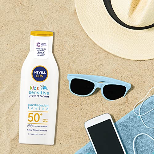 Nivea - Kids protect and sensitive, loción solar con, factor de protección solar 50+ muy alta, 200 ml