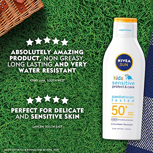 Nivea - Kids protect and sensitive, loción solar con, factor de protección solar 50+ muy alta, 200 ml