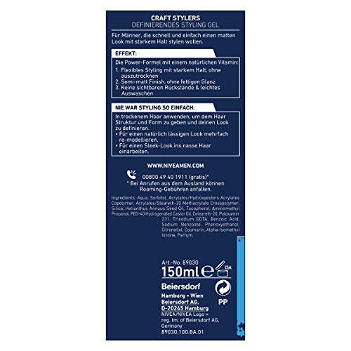 Nivea Men Craft Moldeadores Definiendo Gel Estilizador, Gel para el cabello con Semi mate Acabado, rápido y fácil Peinado con fuerte Sujeción, paquete de 4 (4 x 150 ml)