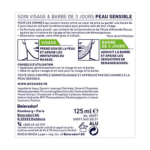 Nivea Men - Cuidado facial y barba de 3 días (3 x 125 ml), cuidado calmante antipicor para pieles sensibles, cuidado suavizante para barbas de 3 días