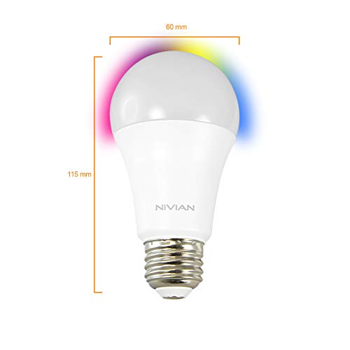 Nivian–Bombilla inteligente-Wifi 2.4Ghz–Colores RGB ajustable–Casquillo E27–Consumo 8W, 800 lúmenes,hasta 3000K(luz cálida)-Compatible con Amazon Alexa y Google Home–Control remoto con APP Tuya