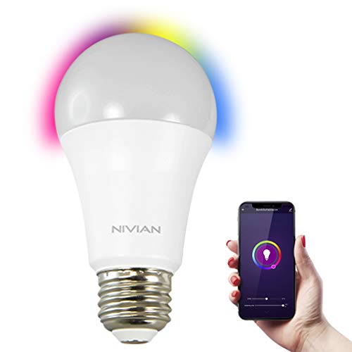 Nivian–Bombilla inteligente-Wifi 2.4Ghz–Colores RGB ajustable–Casquillo E27–Consumo 8W, 800 lúmenes,hasta 3000K(luz cálida)-Compatible con Amazon Alexa y Google Home–Control remoto con APP Tuya