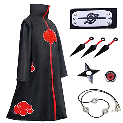 Noe Disfraz de Itachi Uchiha Cosplay Capa Trajes Anime Cloak Larga de Diadema de Leaf Village Anillo Collar Shuriken para Halloween, Navidad (XL)