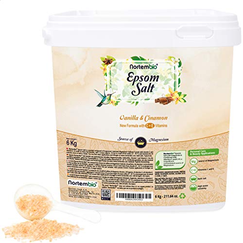 Nortembio Sal de Epsom 6 Kg. Fragancia Vainilla y Canela. Sal de Baño Hidratada con Vitamina C y E. Relajación de Músculos, Aromaterapia y Buen Sueño. E-Book Incluido.