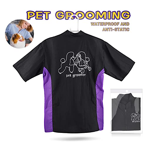 Noverlife Ropa de trabajo de aseo de mascotas de manga corta con cremallera completa, tamaño XL, bata de esteticista, para mascotas, cosmetólogo, uniforme para perros gatos, chaqueta de aseo